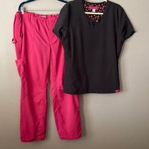 Betsey Johnson scrub top and Koi Tech scrub pants.
